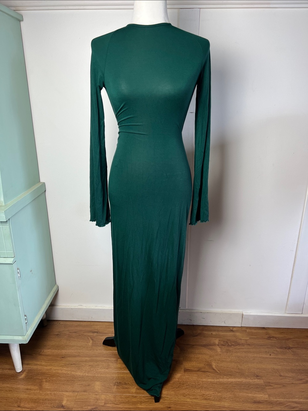 Long Sleeve Emerald Green Maxi Stretch Backless Dress